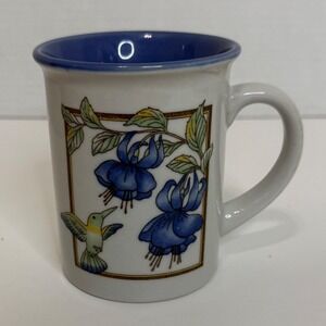 Hummingbird and Blue Fuchsia Ceramic Coffee Mug White with Cobalt Blue Interior
